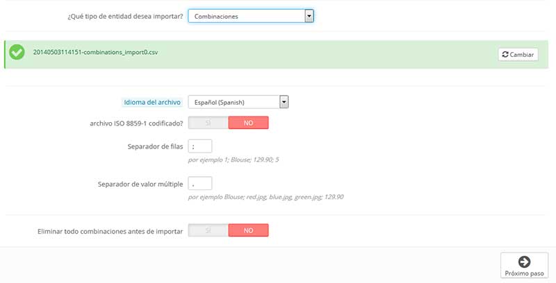 configuración importación CSV