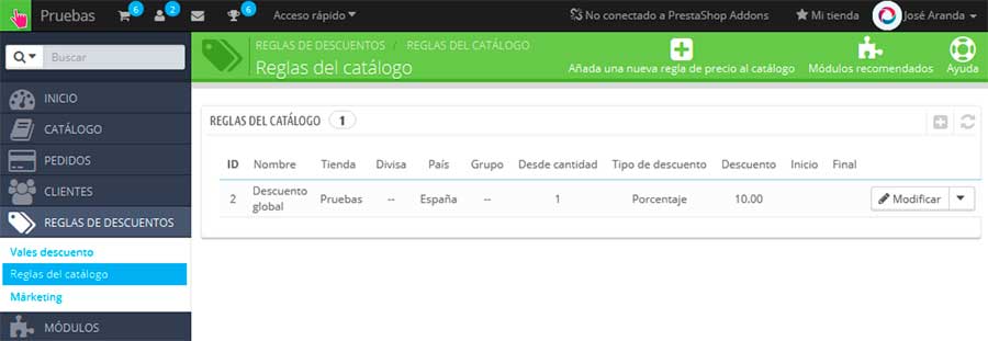 Reglas de catálogo PrestaShop 1.6